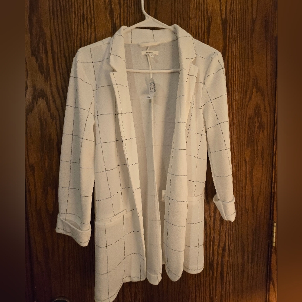 Women's White And Black Windowpane Open Front Blazer